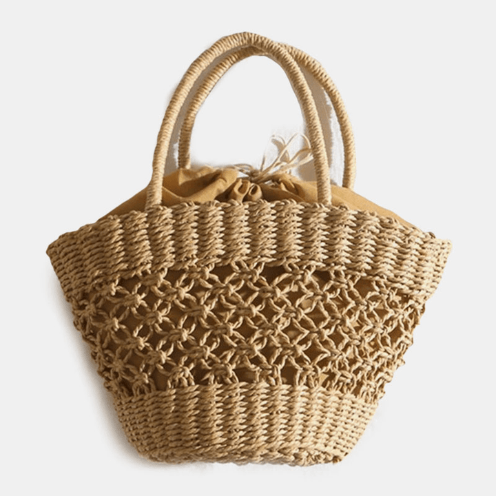 Women Straw Hollow Retro Handmade Paper String Cylindrical Bag Beach Bag Handbag - MRSLM