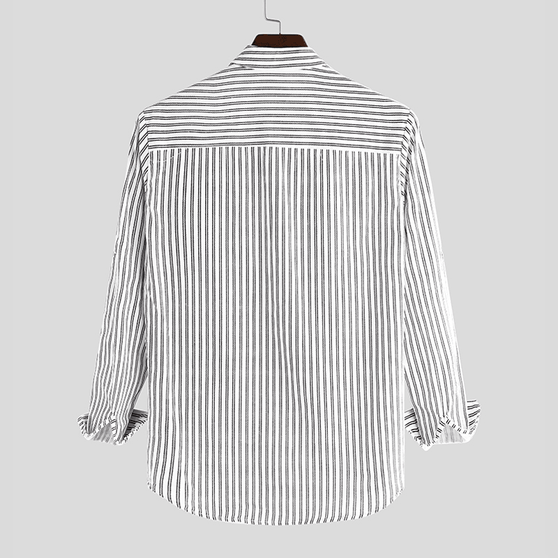 Mens Collarless Shirts Vintage Striped Shirt Grandad Button down Linen Loose Top - MRSLM