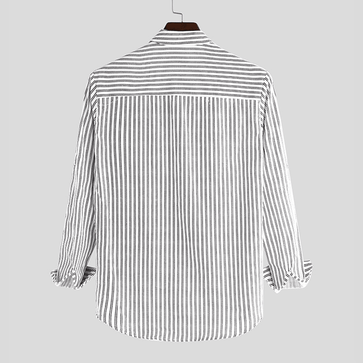 Mens Collarless Shirts Vintage Striped Shirt Grandad Button down Linen Loose Top - MRSLM