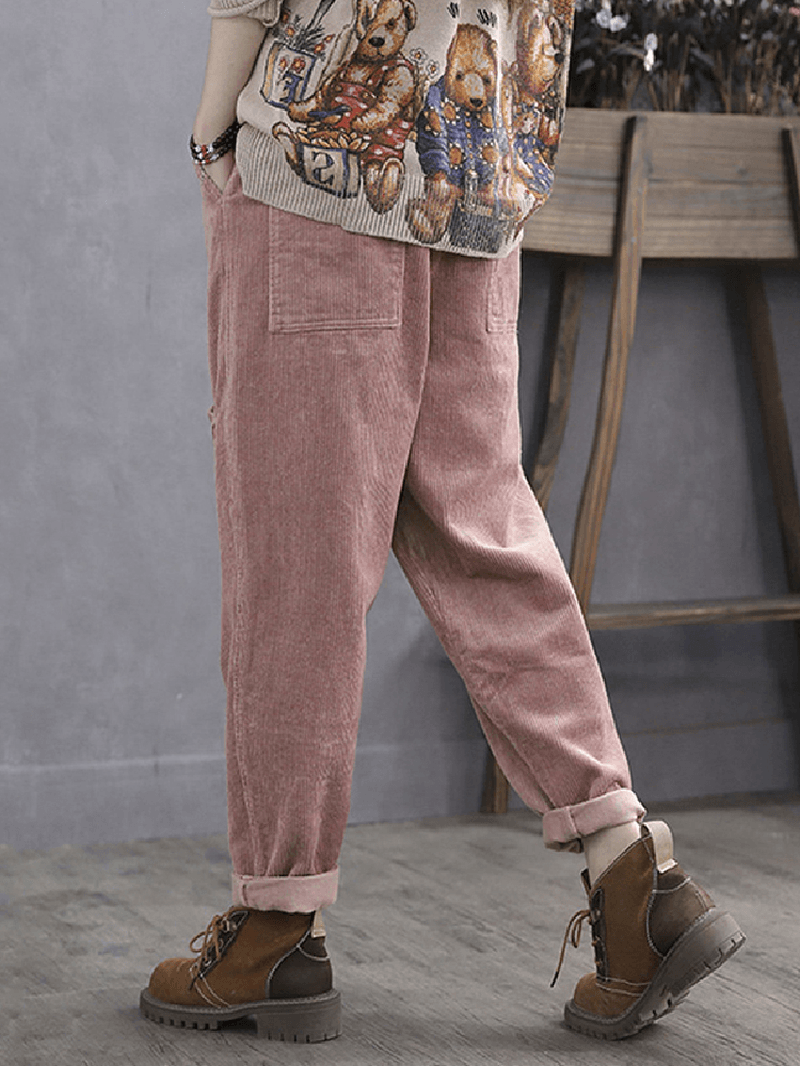 Women Corduroy Cargo Style Elastic Waist Pants with Multi Pocket - MRSLM