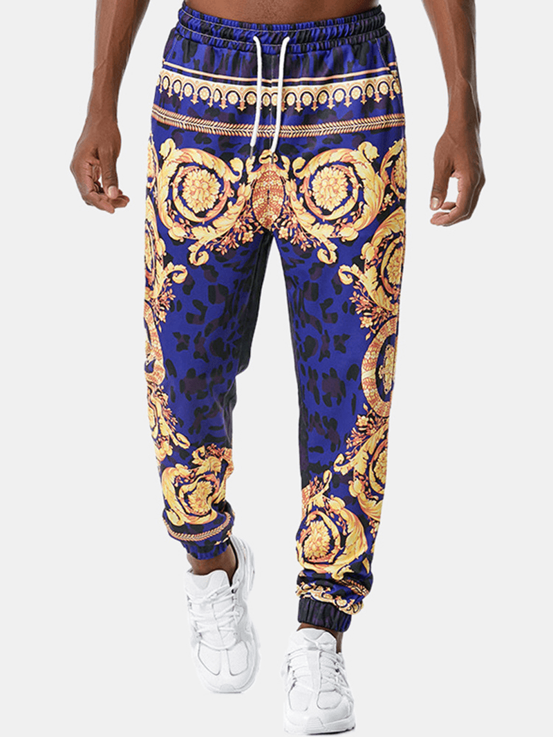 Mens European Style Pattern Printed Drawstring Jogger Pants with Pocket - MRSLM