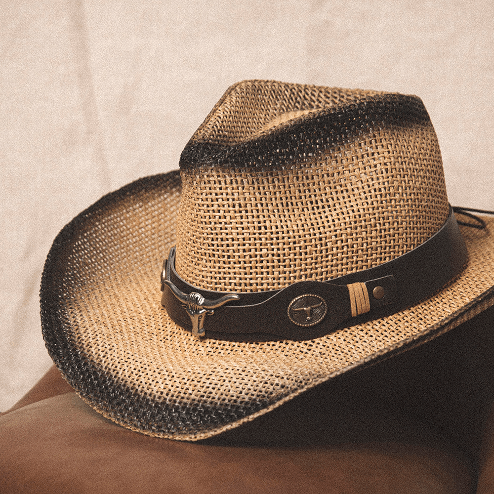 Men Sunscreen Travel Outdoor Summer Beach Hat Western Cowboy Style Spray Straw Hat - MRSLM