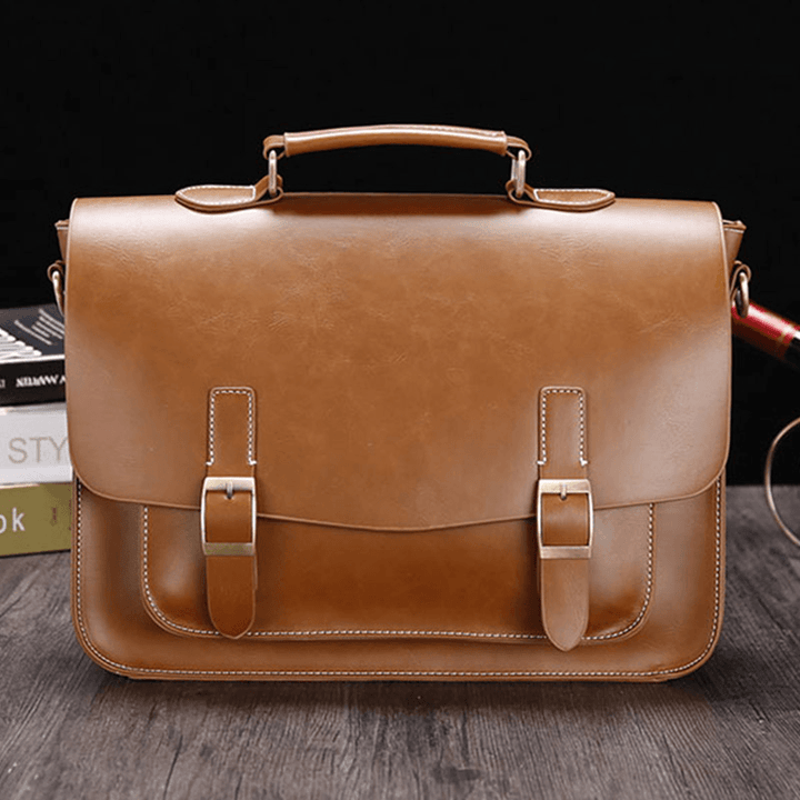 Men Vintage Waterproof Wear-Resistant Faux Laether Business Briefcase Crossbody Shoulder Bag - MRSLM