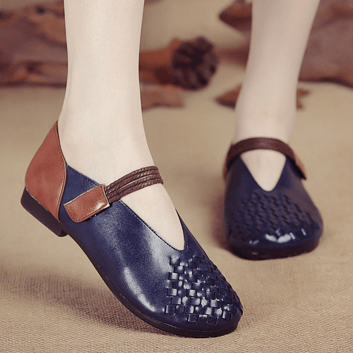 Women Genuine Leather Knitted Casual Hook Loop Flats - MRSLM