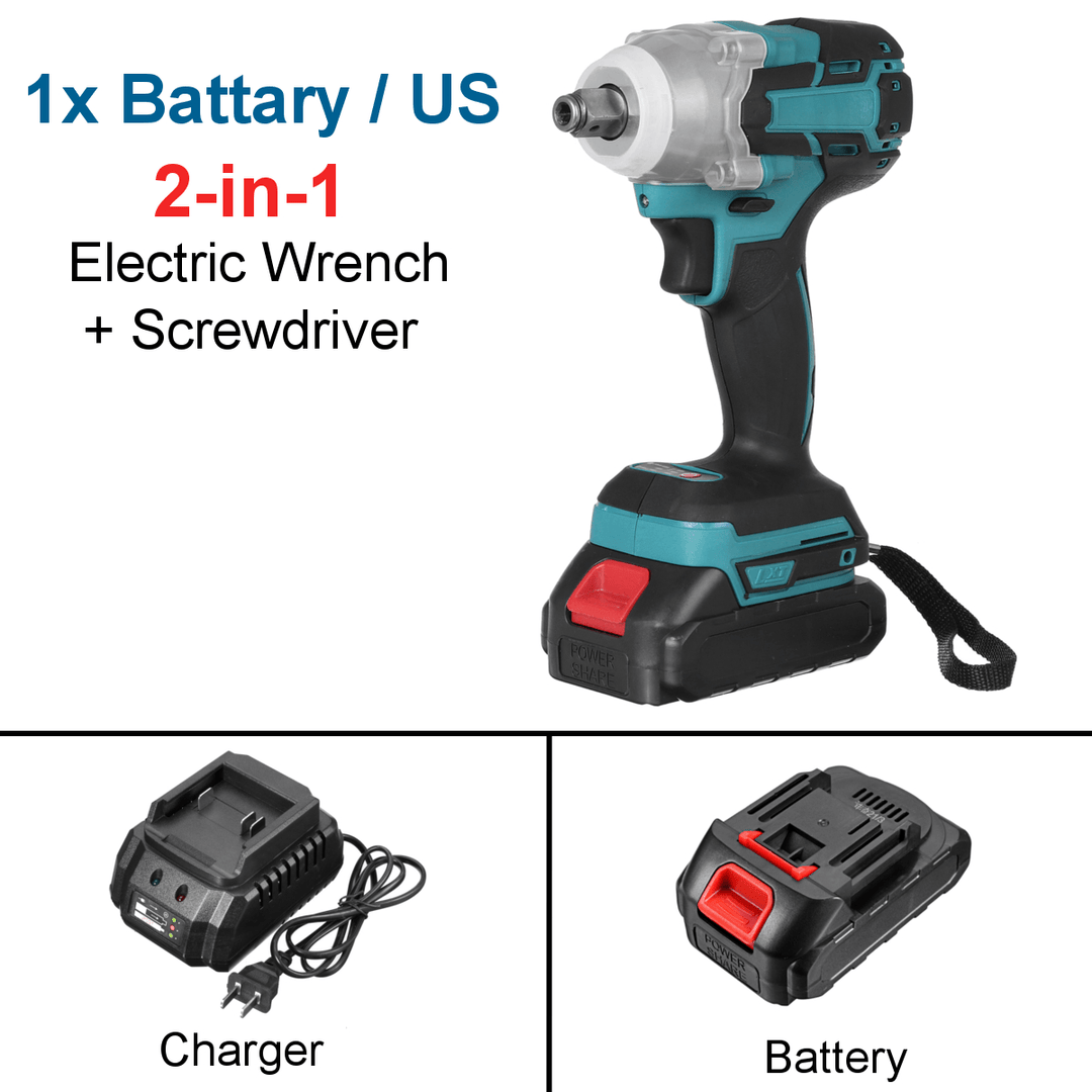 2 in 1 188VF 588N.M. Li-Ion Brushless Cordless Electric 1/2" Wrench 1/4"Screwdriver Drill W/ 1/2 Battery & 4 Sleeves - MRSLM