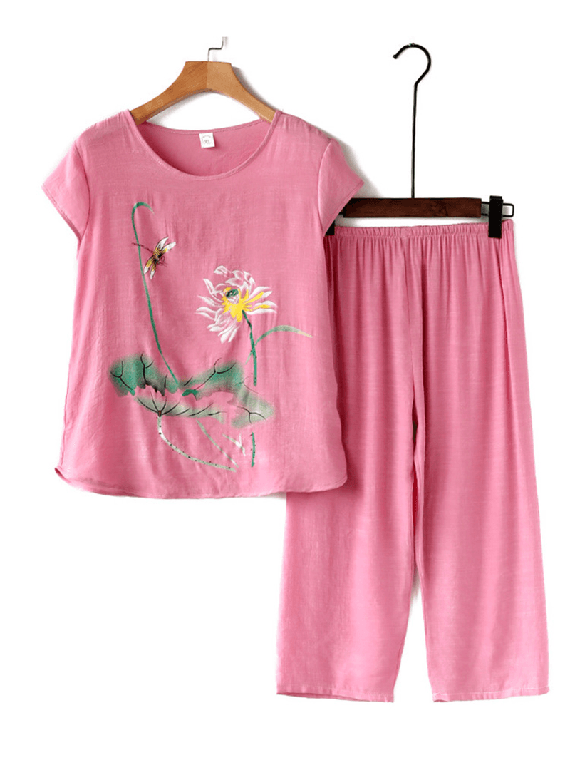 Women Plants Print plus Size Pajamas Soft Breathable Summer Loungewear - MRSLM