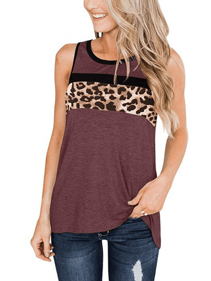 Women Sleeveless Leopard Print O-Neck Casual Tank Tops - MRSLM