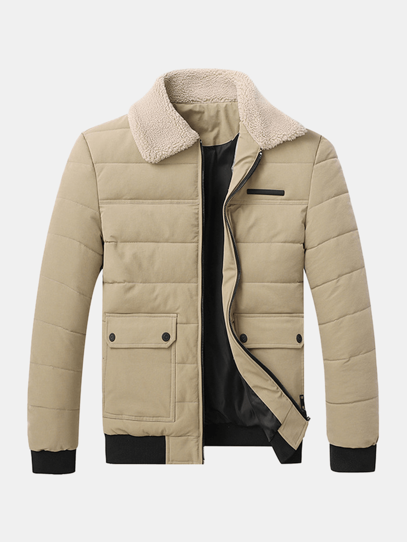 Mens Quilted Sherpa Lapel Collar Zip Front Thick Jacket with Flap Pocket - MRSLM