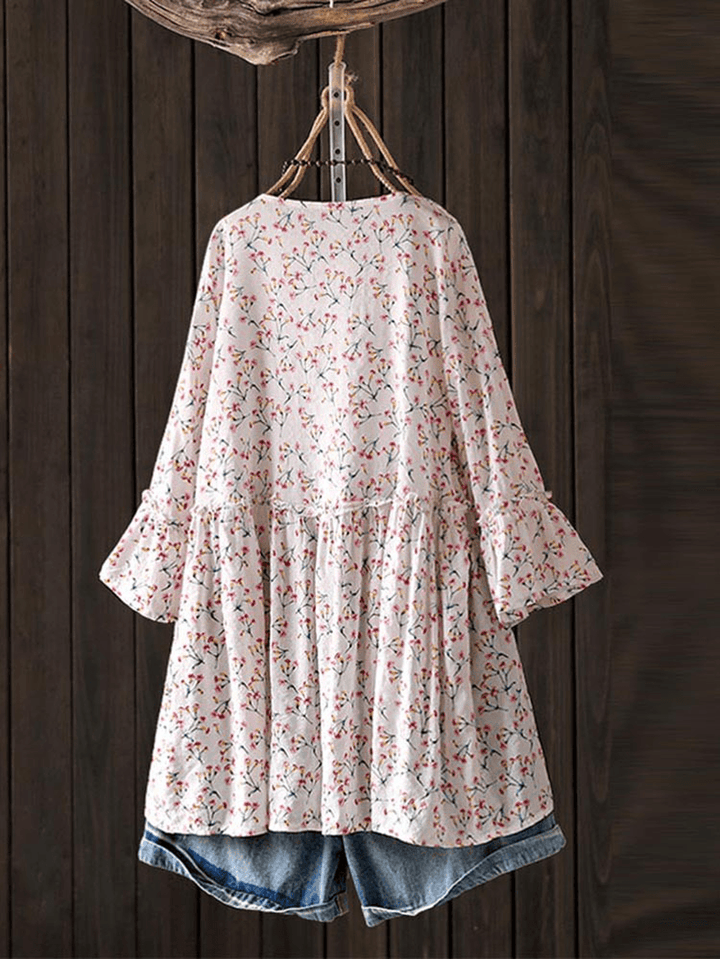 Women Casual Floral Printed O-Neck 3/4 Flare Sleeve Blouse - MRSLM