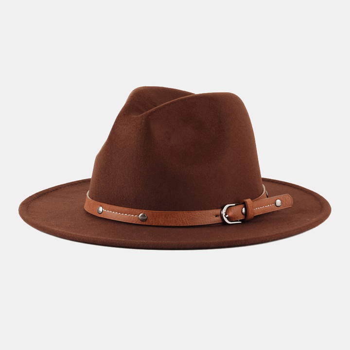 Unisex British Style Leather Belt Buckle Flat Brim Top Hat Fashion Outdoor Wide Brim Felt Hat - MRSLM