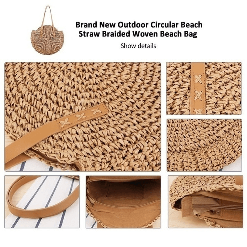 Women Leisure round Straw Bag Woven Beach Bag Shoulder Bag - MRSLM