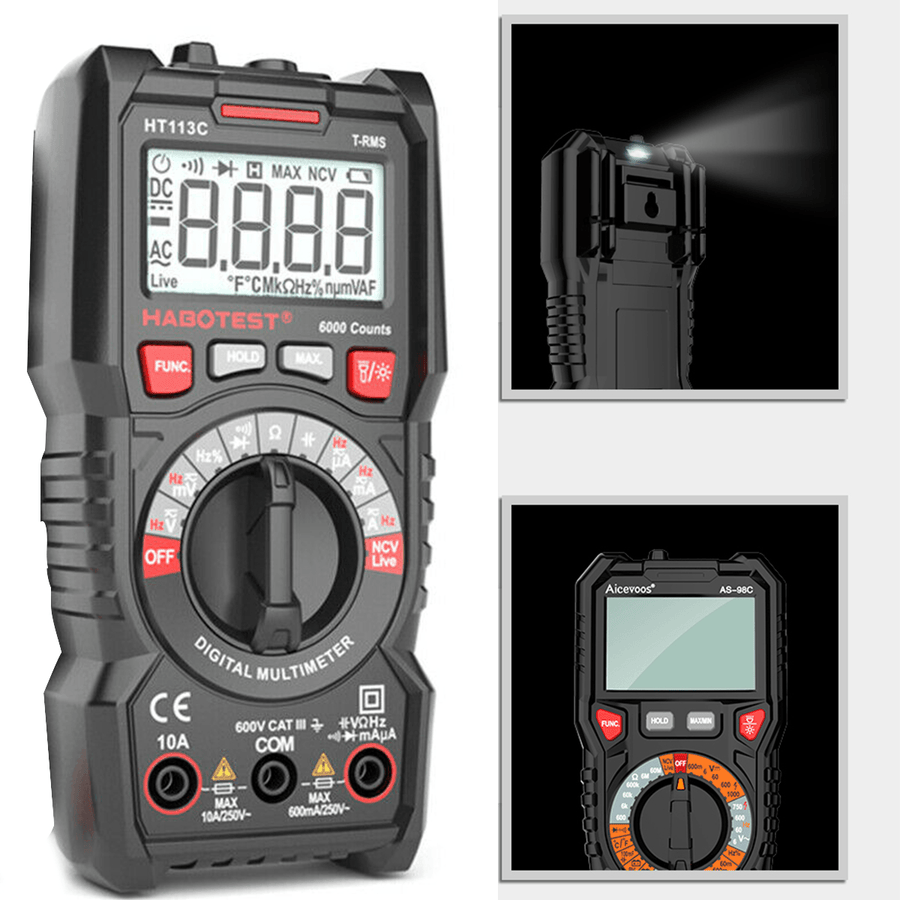 HT113C Professional Handheld LCD Digital Multimeter with Flashlight AC/DC Voltage Meter Amperemeter Ohmmeter Voltmeter Tool - MRSLM