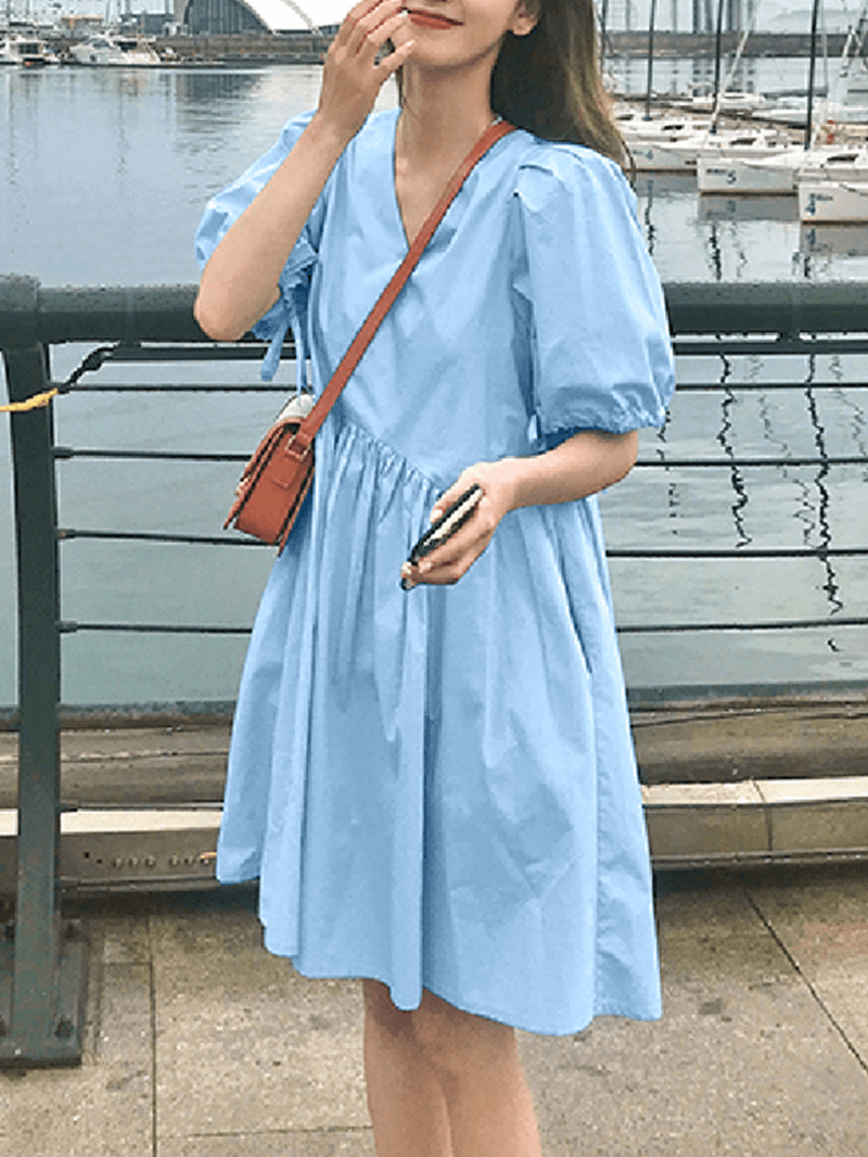 Women Solid Color Puff Sleeve V-Neck Pleats Plain Daily Casual Midi Dress - MRSLM