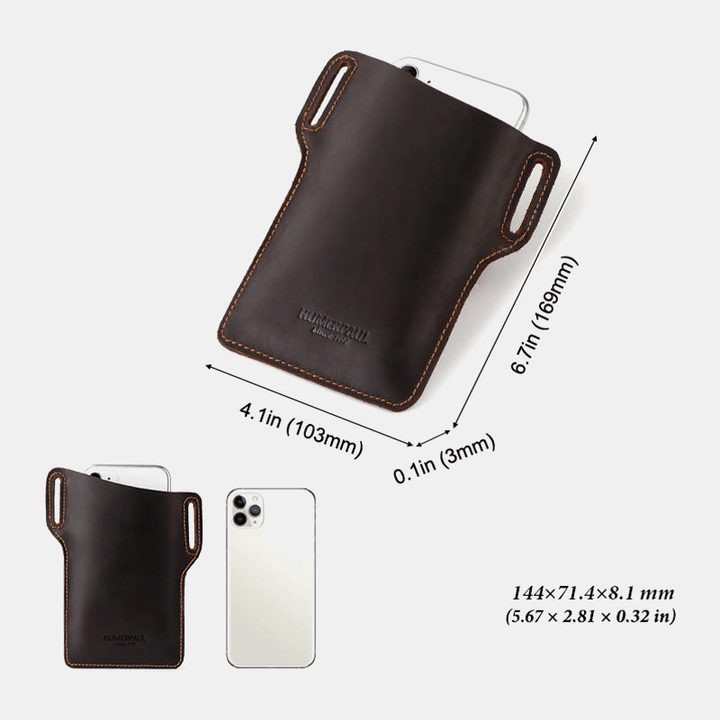 Men EDC Genuine Leather 6.5 Inch Phone Holder Sleeve Case Waist Belt Bag - MRSLM