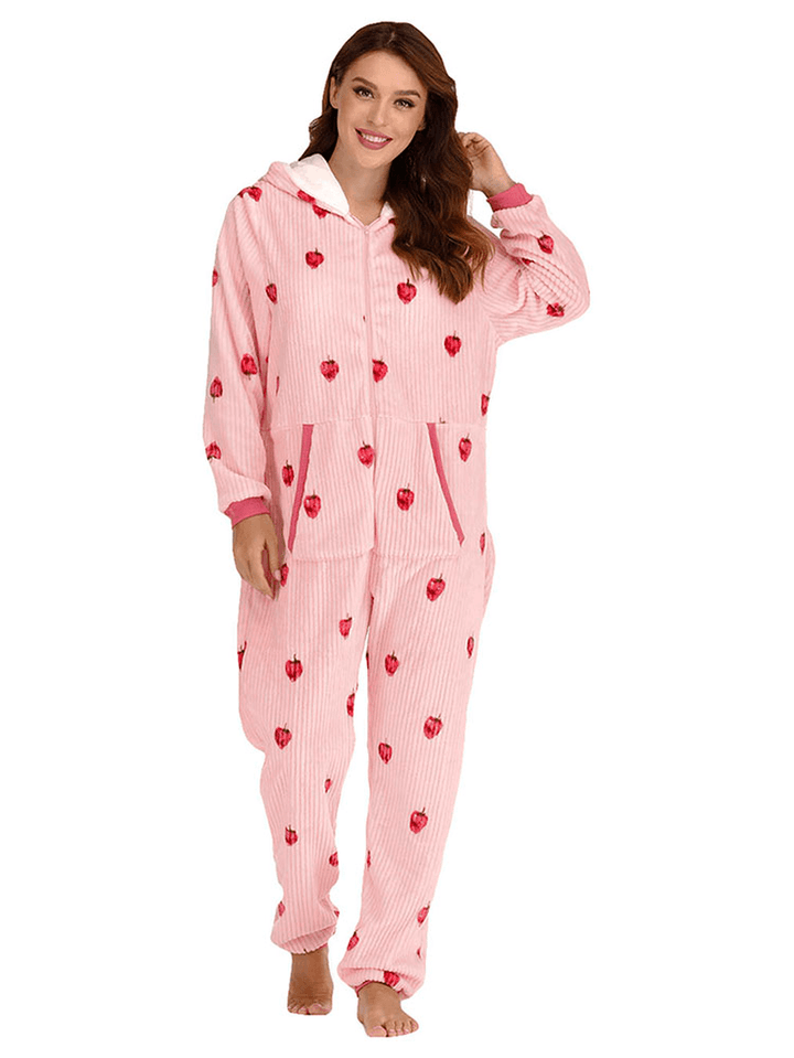 Hoodie Front Zipper Long Sleeve Flannel Printing Jumpsuits with Pocket Pajama Set - MRSLM