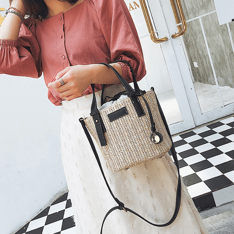 Straw Beach Bag Bucket Bag Handbag Shoulder Bag for Women - MRSLM