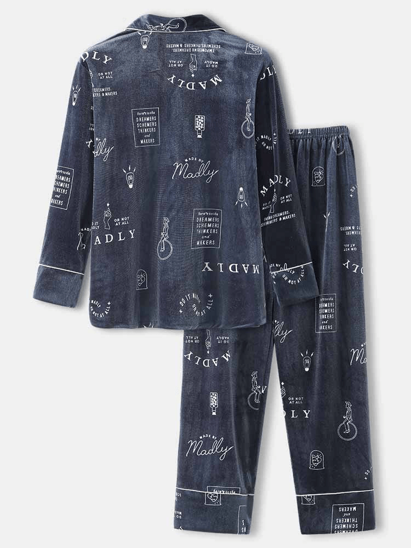 Mens Simple Graffiti Letter Print Shirt Elastic Waist Pants Velvet Warm Home Pajama Set - MRSLM