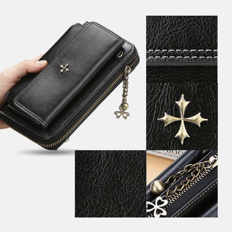 Women PU Leather Cross Flower Tassel Large Capacity Multi-Card Slot Phone Bag Crossbody Bag Shoulder Bag - MRSLM