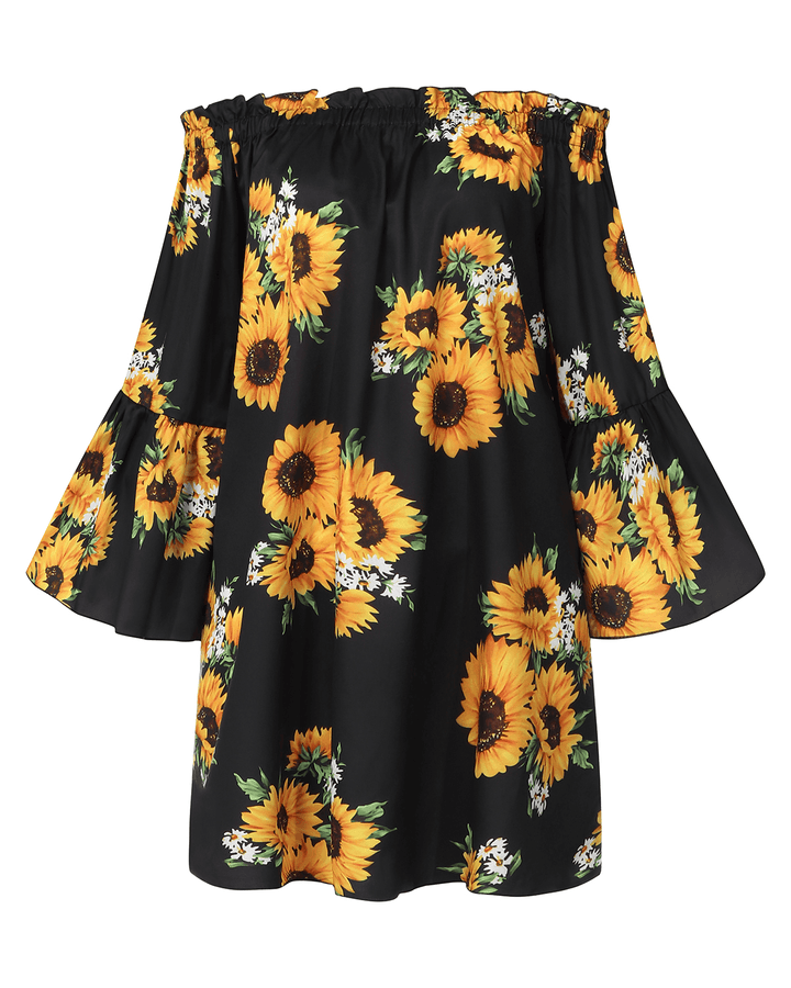 Women off Shoulder Floral Print Ruffle Sleeve Blouse Mini Dress - MRSLM