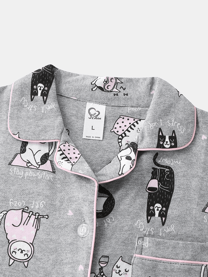 Women Allover Cartoon Cats Print Lapel Long Sleeve Cotton Loungewear Comfy Home Pajamas Sets - MRSLM