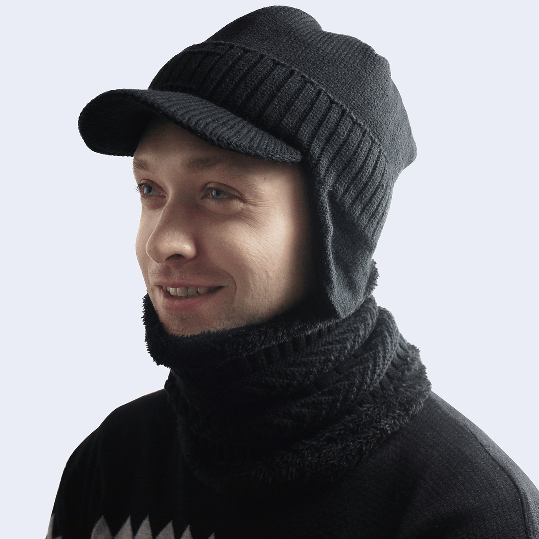 Men'S Velvet Hat with Eaves Autumn and Winter Pullover Cap Bib Set Ear Protection Warm Woolen Cap - MRSLM