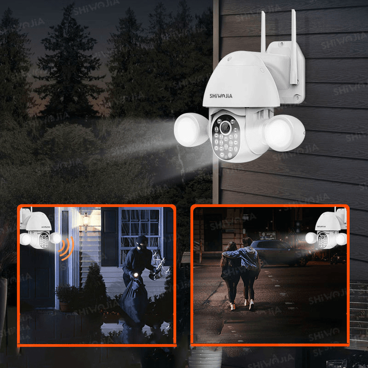 SHIWOJIA 3MP WIFI Security Camera Dual-Lamp Smart Lighting Courtyard PTZ Rotation Camera IP66 Waterproof Color Night Vision Camera - MRSLM