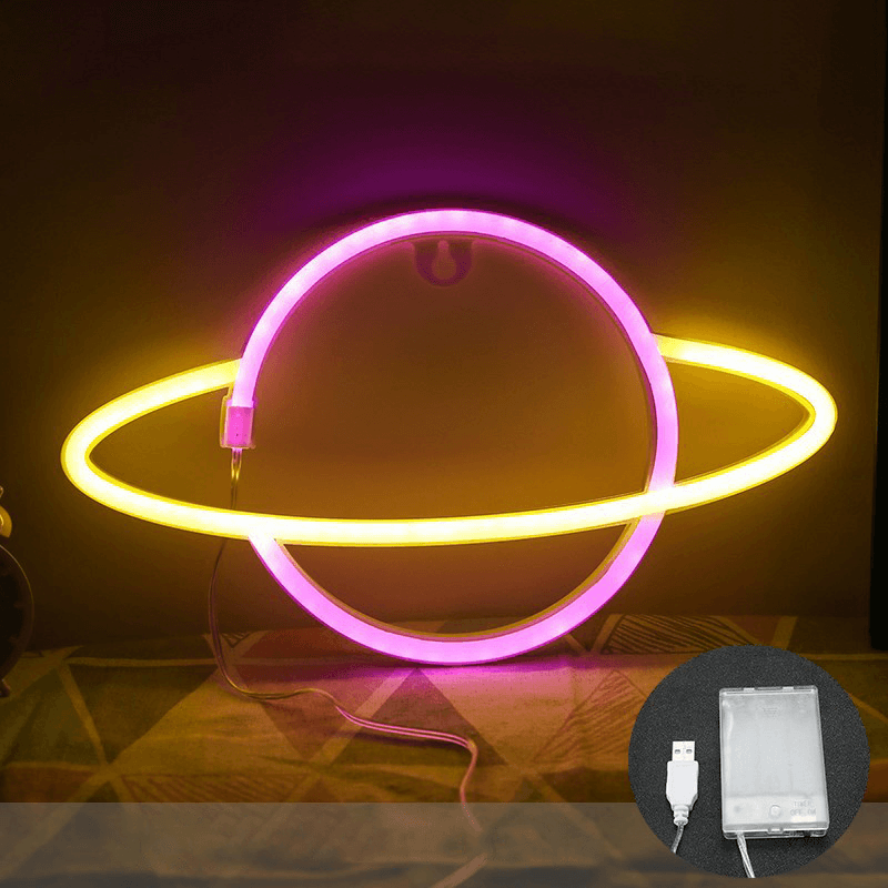 LED Planet Pattern Neon Light Dual-Use Battery USB Charging Home Room Decor Night Light for Club Bedroom Living Room Party Garden - MRSLM