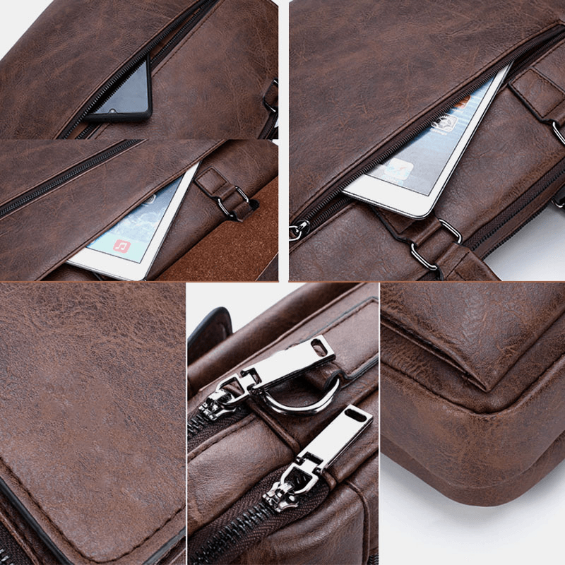 Men PU Leather Multifunction Anti-Theft Vintage Business Messenger Bag Crossbody Bag Handbag Shoulder Bag - MRSLM