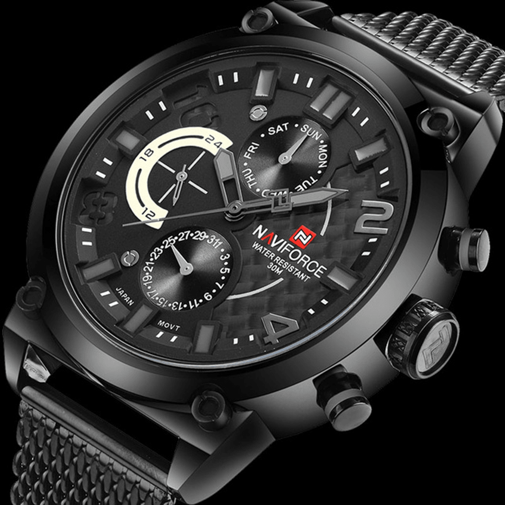 NAVIFORCE 9068 Stainless Steel Strap Quartz Watches Waterproof Week Display Men Watch - MRSLM