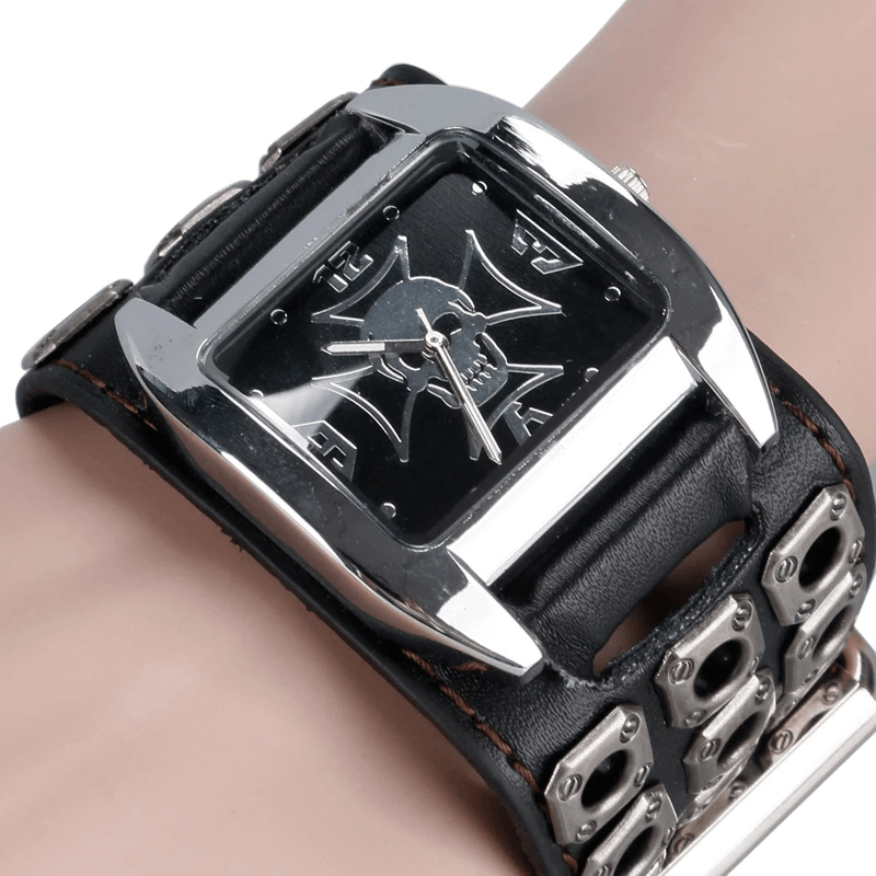 Vintage Square Dial Men Watch Hollow Skull Leather Quartz Watch - MRSLM