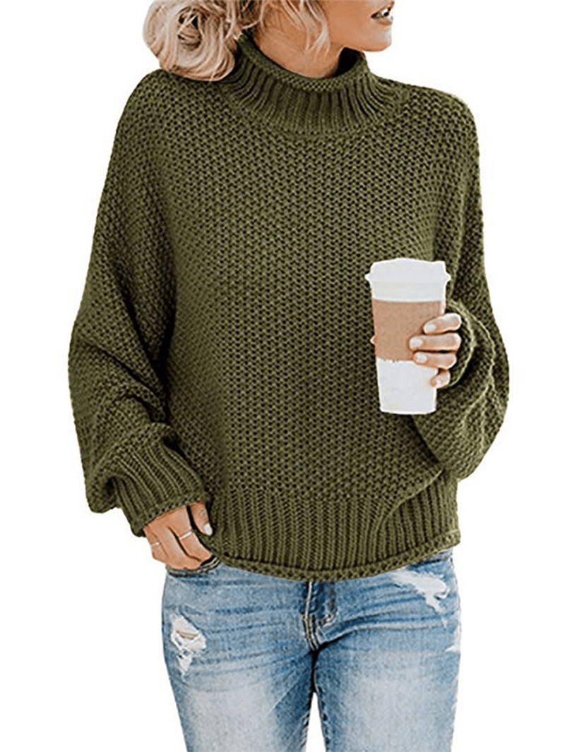 Casual Loose Long Sleeve High Collar Solid Color Pullover Sweaters for Women - MRSLM