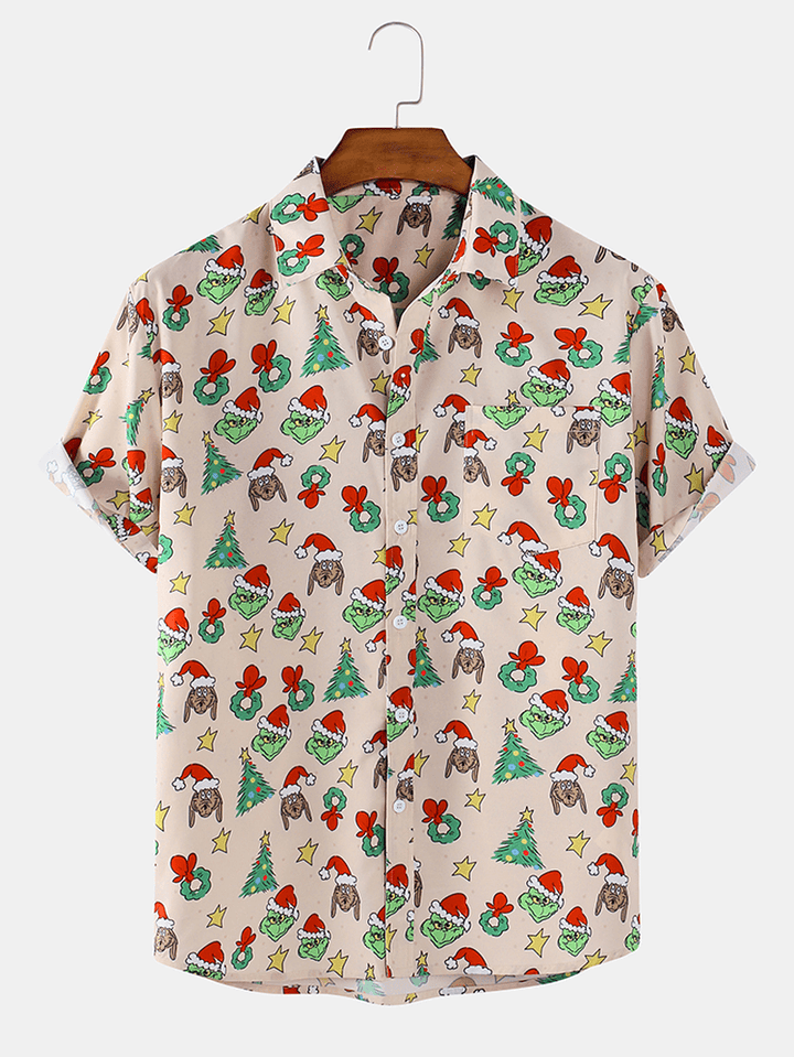 Mens Christmas Cartoon Print Turn down Collar Short Sleeve Shirts - MRSLM