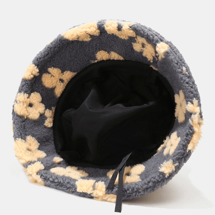 Unisex Floral Pattern Autumn Winter Outdoor Lambswool Warmth Sunshade Bucket Hat - MRSLM