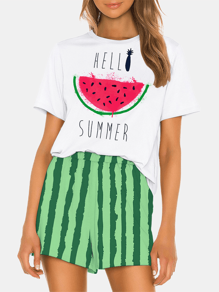 Women Watermelon Print Loose Short Sleeve Breathable Casual Pajama Set - MRSLM