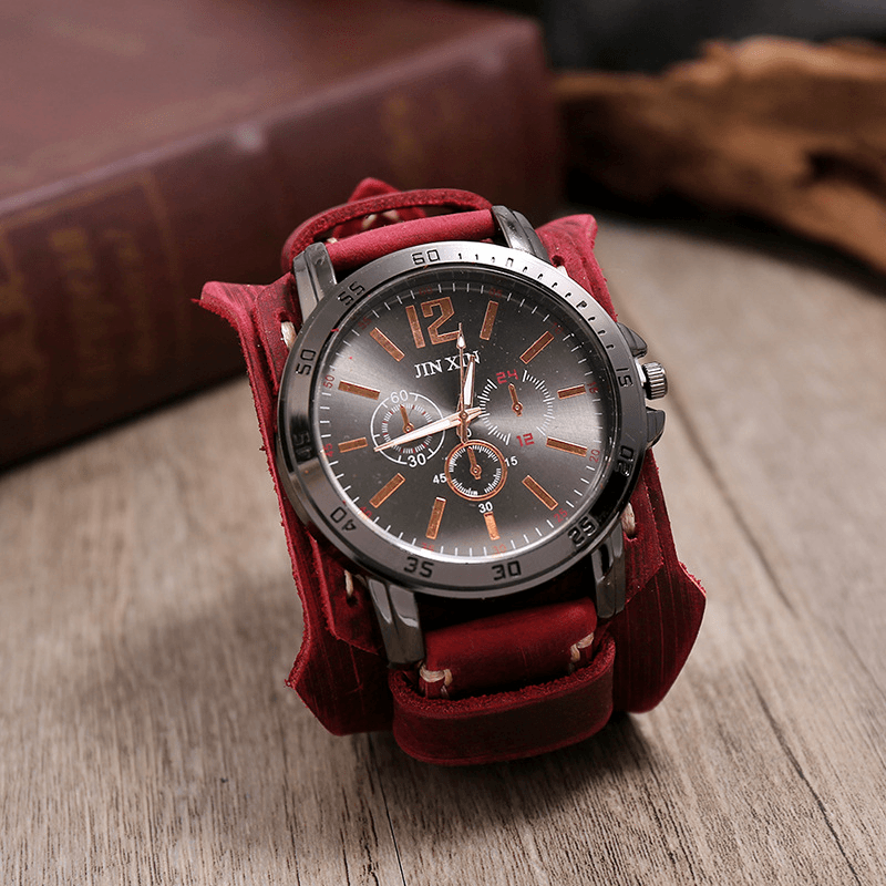 Deffrun Retro Style Decorative Three Dial Quartz Watch Cowhide Leather Band Men Wrist Watch - MRSLM