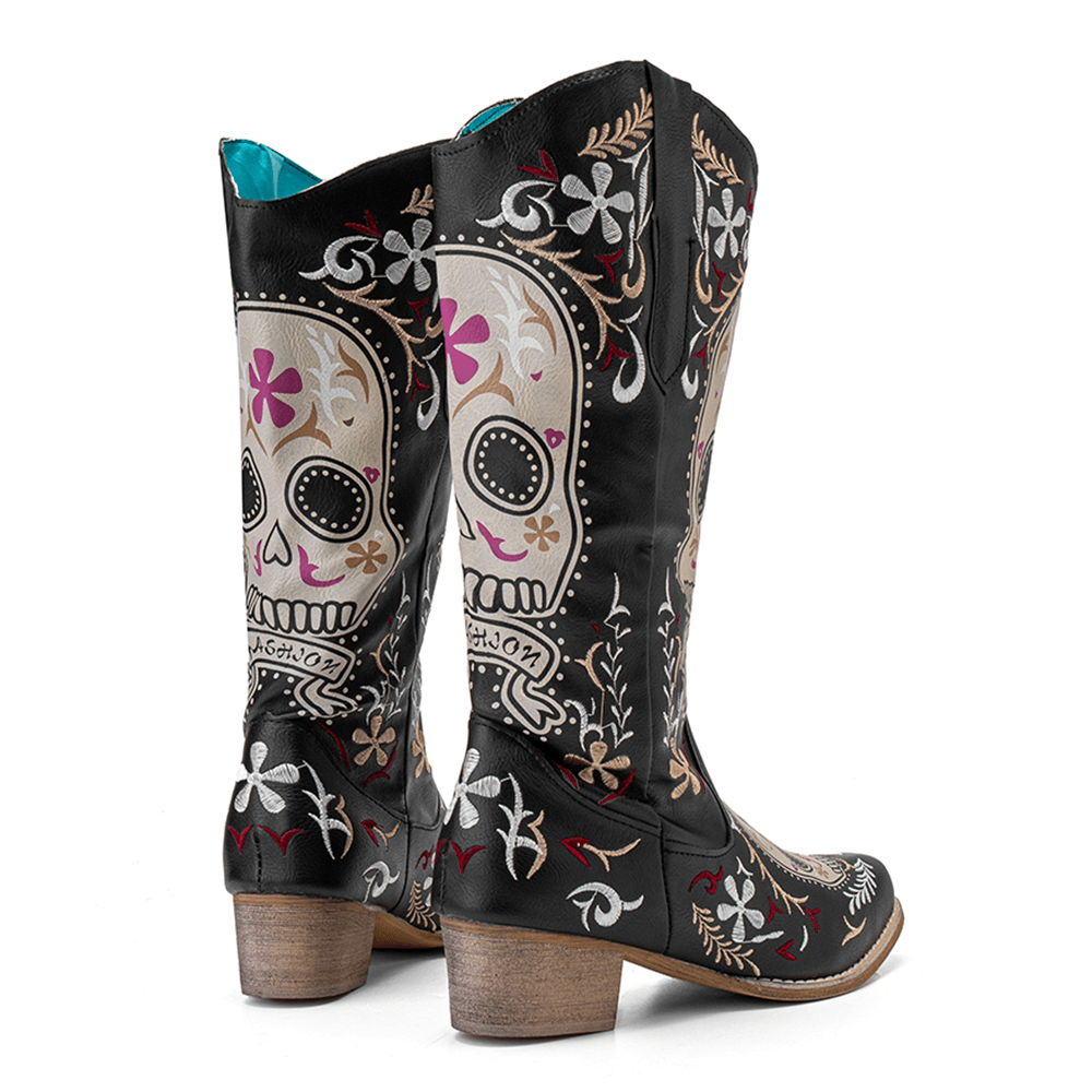 Women Color Kartoon Printed Embroidered Wear Resistant Chunky Heel Mid-Calf Boots - MRSLM