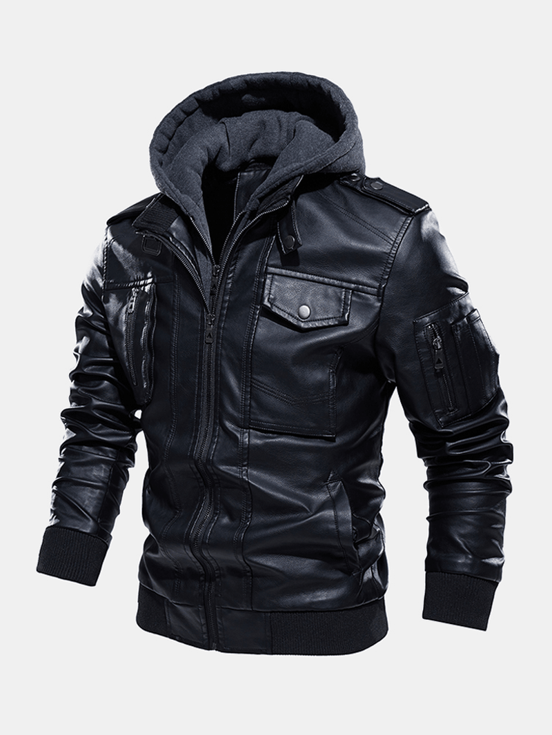 Mens Hooded Zipper Pocket Washing PU Leather Jackets - MRSLM