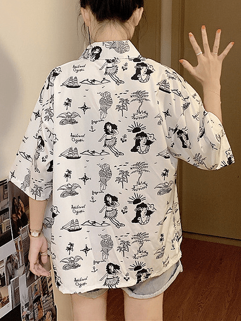 Women Funny Cartoon Printed Lapel Collar Loose Shirts - MRSLM