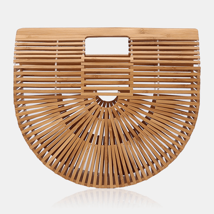 Women Bamboo Weaving Solid Color Hollow Saddle Shape Straw Bag Handbag - MRSLM