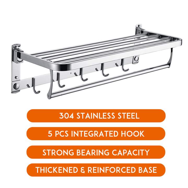 Bakeey 304 Stainless Steel Double Towel Rail Rack Shelf Wall Mounted Bathroom with 5 Hook - MRSLM