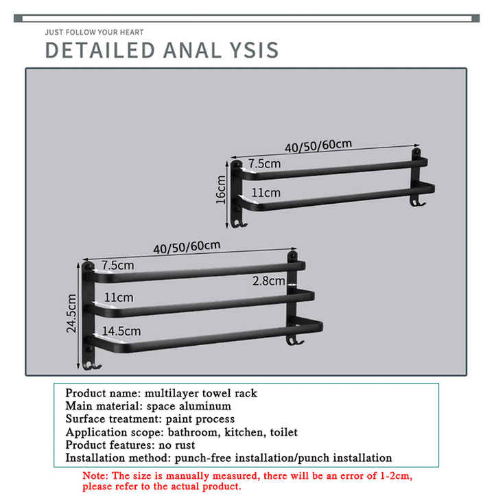 40/50/60Cm Three Pole Space Aluminum Towel Racks No Punching Towel Racks with Hook - MRSLM