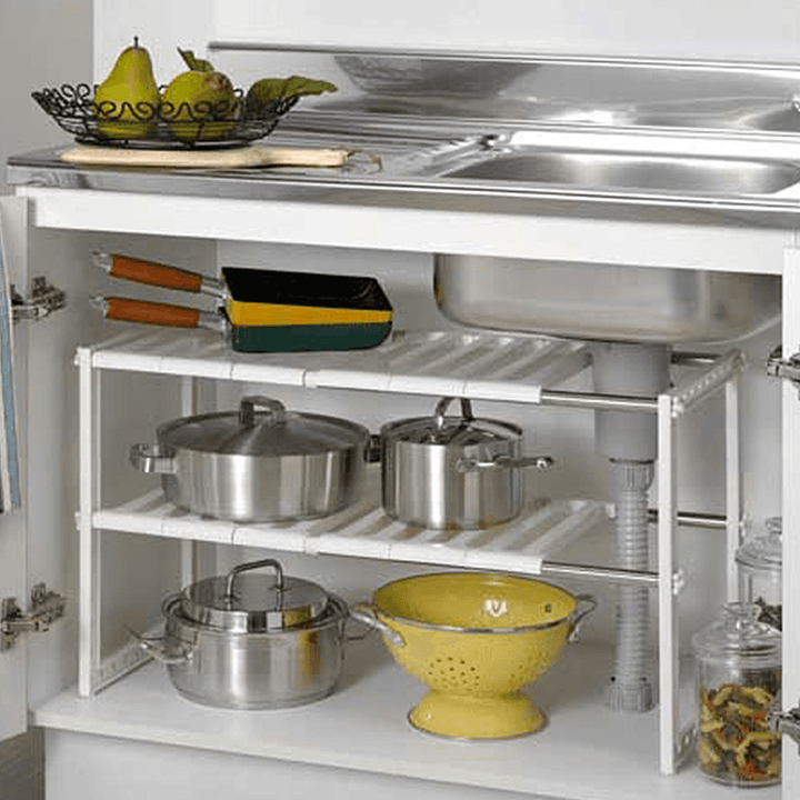 2 Tier under Sink Expandable Cabinet Shelf Organizer Kitchen Storage Rack - MRSLM