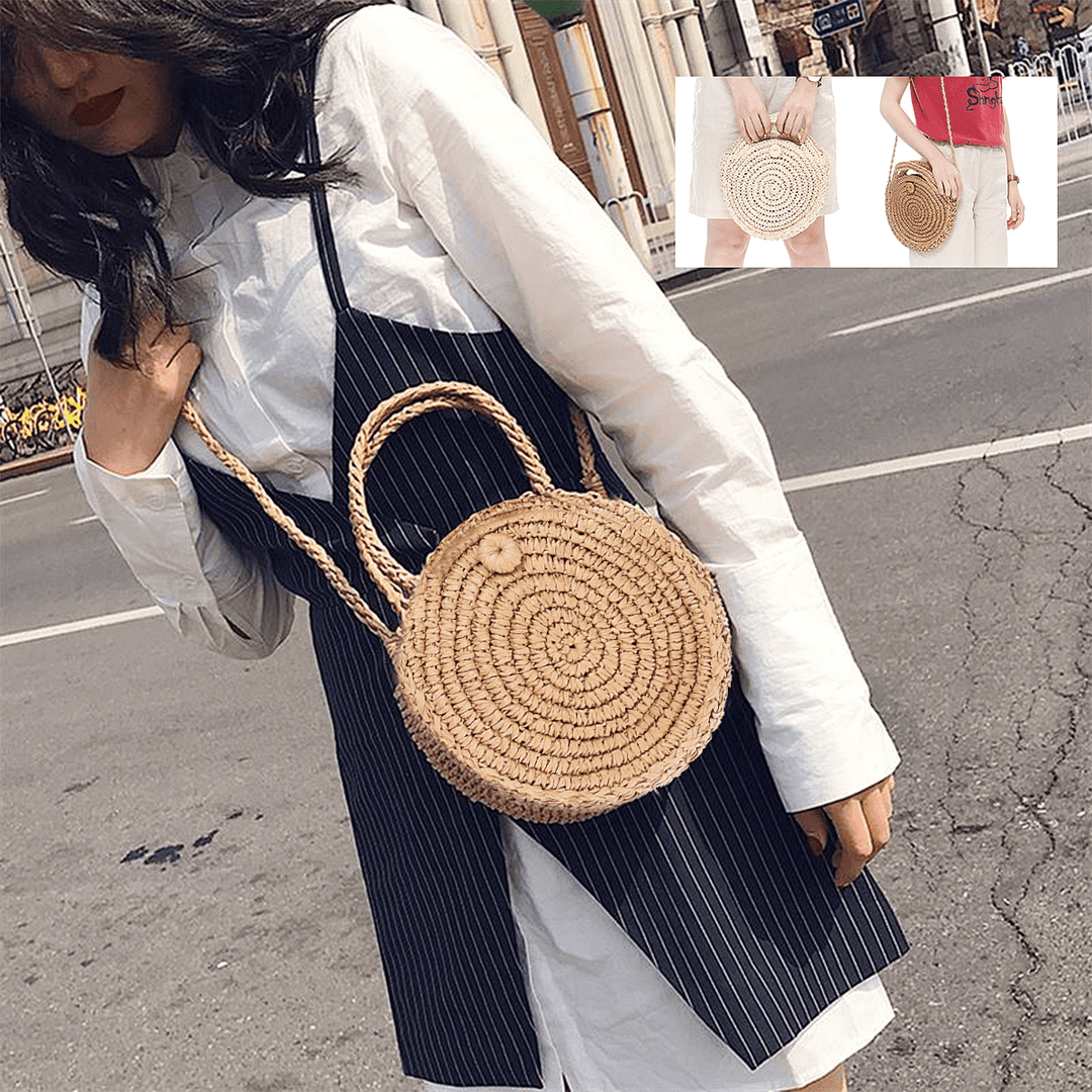 Round Straw Bag Beige White Women Rattan Circle Handwoven Shoulder Bag Crossbody Bag - MRSLM