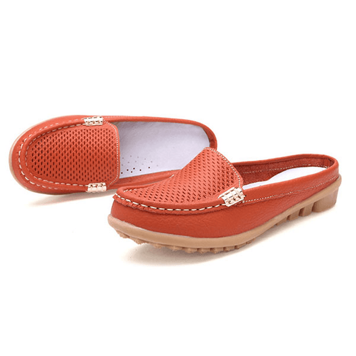 US Size 5-10 New Women Casual Fashion Breathable round Toe Slip-On Leather Flat Sandals Shoes - MRSLM