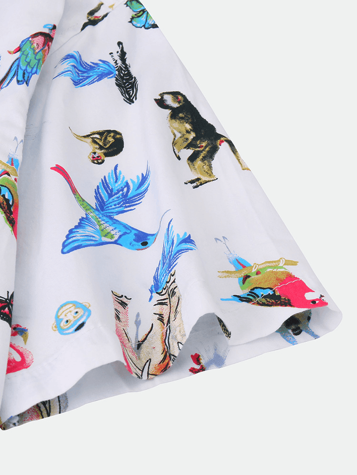 Mens Cotton Funny Animals Cartoon Print Causal Loose Short Sleeve Shirts - MRSLM