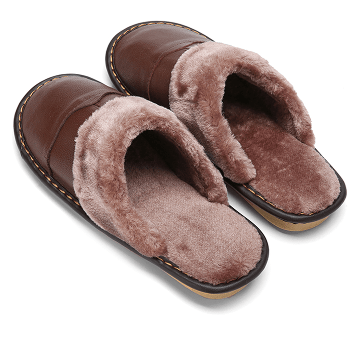 Men First Layer Cowhide Non-Slip Warmeh round Toe Slip-On Comfy Cotton Slippers - MRSLM