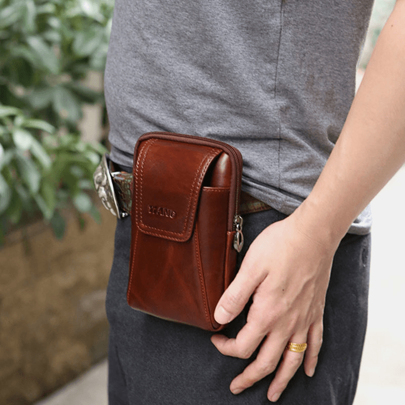 Men Genuine Leather 6 Inch Phone Bag Belt Bag Waist Bag for Business - MRSLM