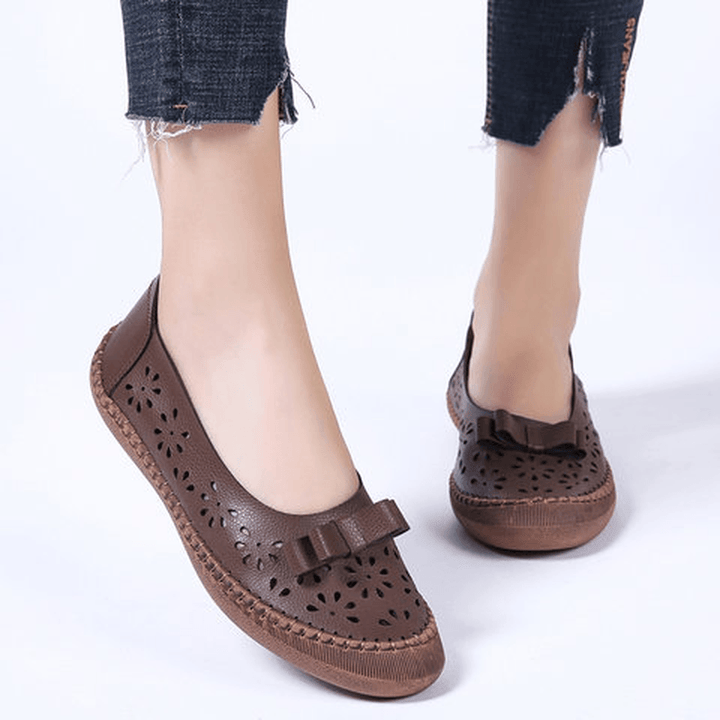 Women plus Size Genuine Leather Breathable Hollow Out Slip on Casual Flats Loafers - MRSLM