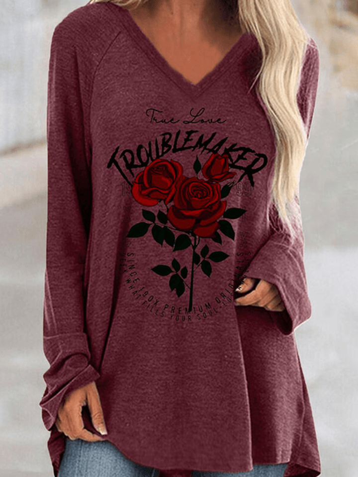 Women Calico Printed Long Sleeve V-Neck Casual Loose T-Shirt - MRSLM