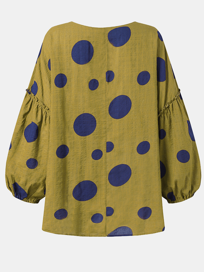 Women Vintage Polka Dot Print Puff Sleeve Loose Pleated Blouse - MRSLM